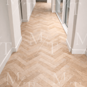 Płytki Trawertyn Light 7,5 cm x 40,6 cm x 1,2cm – Jodełka Kamienna / Parkiet